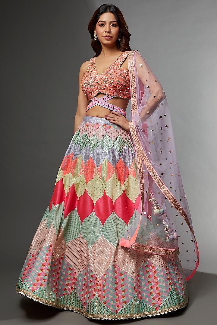 Multi-Colored Woven Fabric Embroidered Lehenga Set by Avnni Kapur